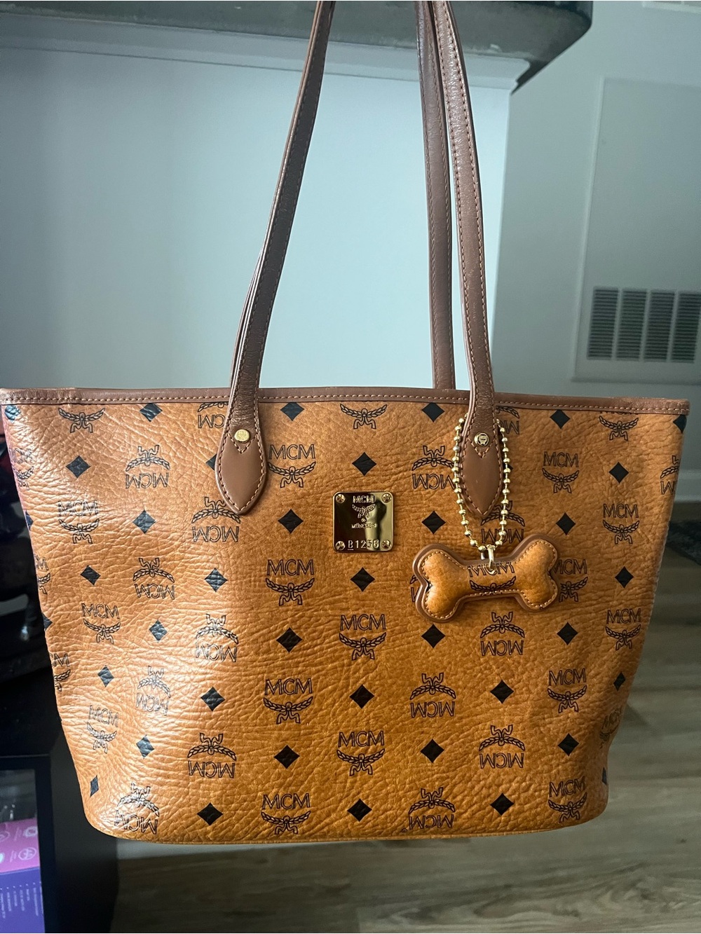 MCM Cognac Logo Tote with Bone Charm